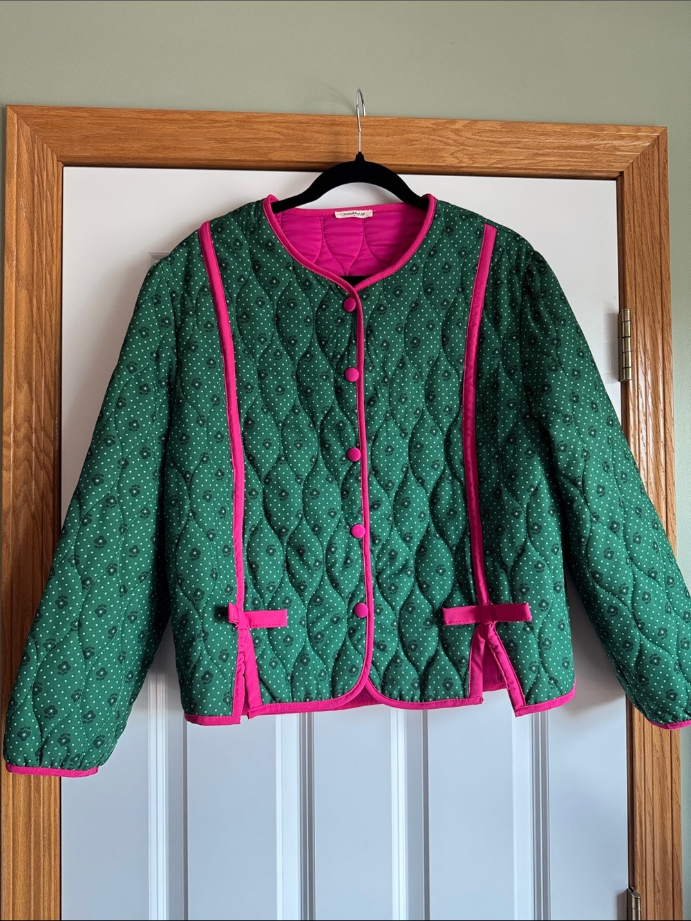 EUC Sunday Up Green Quilted Puffer Jacket w/ Pink Trim vintage vibe size medium